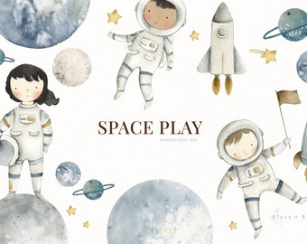 Astronaut in Space Watercolor Clipart Set