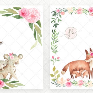 May include: Two watercolor illustrations featuring a mother and baby bear and a mother and baby fox. Both illustrations are surrounded by a wreath of pink and white flowers and green leaves.