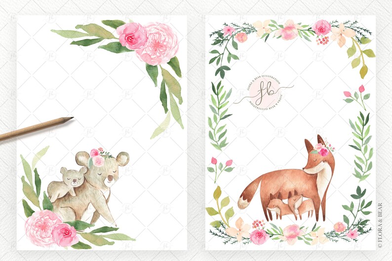 May include: Two watercolor illustrations featuring a mother and baby bear and a mother and baby fox. Both illustrations are surrounded by a wreath of pink and white flowers and green leaves.