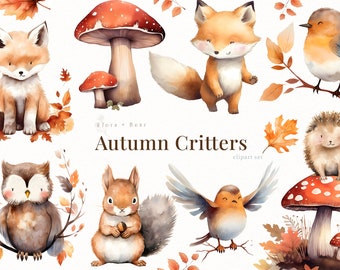 Autumn Critters Watercolor Clipart Woodland Animals