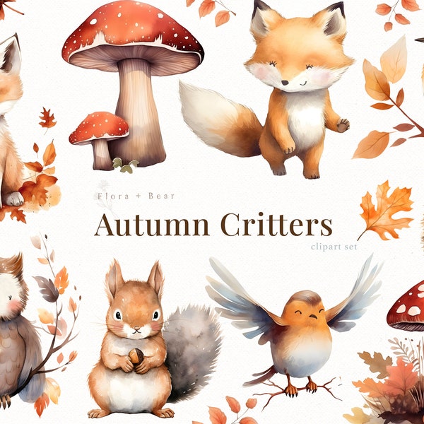 Autumn Critters Watercolor Clipart Woodland Animals