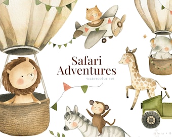 Safari Adventures Watercolor Baby Clipart Nursery Illustration