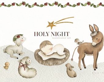 Nativity Scene Holy Night Watercolor Clipart