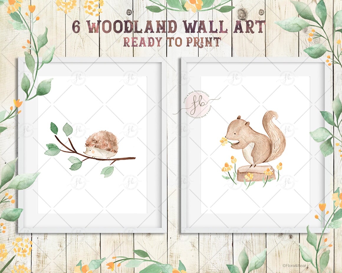 Woodland Watercolor Wall Art Nursery Decor Forest Animals Digital ...