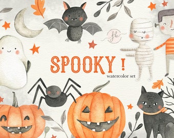 May include: Watercolor illustration set featuring spooky Halloween characters, including a ghost, bat, spider, mummy, Frankenstein, black cat, pumpkins, and stars. The text "SPOOKY! watercolor set" is included in the image.