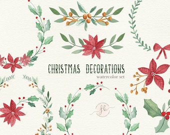 Winter Wreaths Watercolor Clipart Christmas Poinsettia Clipart Digital Download