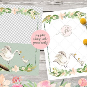 May include: Watercolor illustration of two swans with crowns, one large and one small, surrounded by a wreath of green leaves and peach flowers. The background is a light green color. The text "png files - change background easily!" is written in a pink circle.