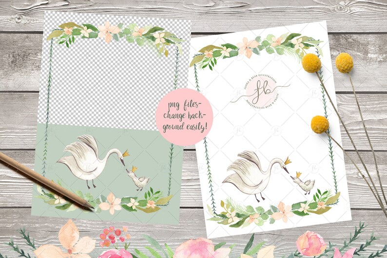 May include: Watercolor illustration of two swans with crowns, one large and one small, surrounded by a wreath of green leaves and peach flowers. The background is a light green color. The text "png files - change background easily!" is written in a pink circle.