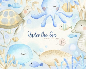 Sea Animals Watercolor Clipart Digital Download Whale Fish