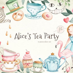 Alice In Wonderland Tea Party Watercolor Clipart image 1