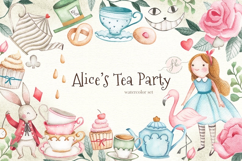 Alice In Wonderland Tea Party Watercolor Clipart image 1