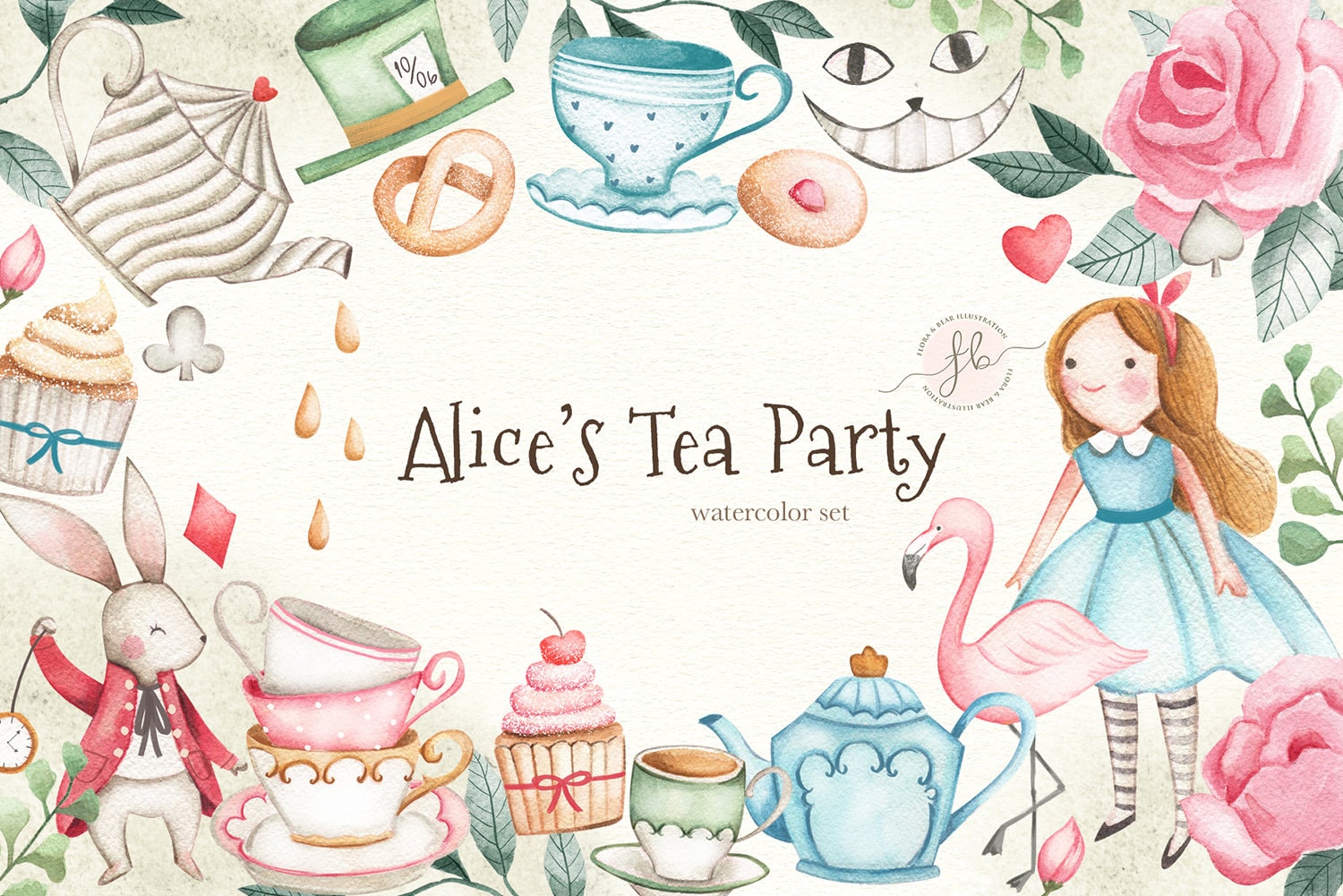 Alice in Wonderland Tea Party Watercolor Clipart (Instant Download