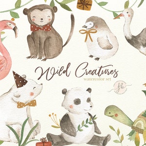 Wilde Tiere Aquarell Clipart Flamingo Panda Eisbär Clip Art Digital Download