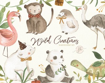 Wild Animals Watercolor Clipart Flamingo Panda Polar Bear Clip Art Digital Download