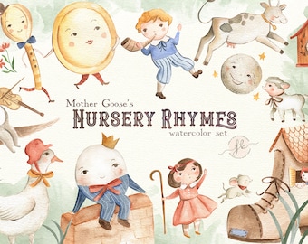 Watercolor Clipart Mother Goose Nursery Rhymes Digital Download Printable