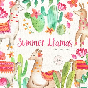 Lama aquarel clipart Alpaca Floral digitale download zomer cactus