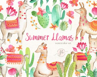 Puede incluir: Conjunto de ilustraciones de acuarela de llamas de verano con cactus y flores. Las llamas llevan mantas coloridas y tienen flores rosas brillantes en el pelo. El texto "Summer Llamas watercolor set" está escrito en rosa.