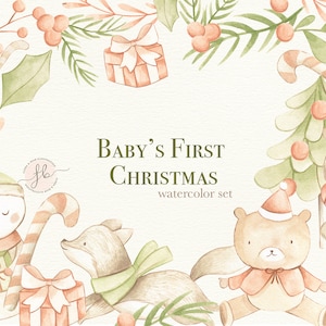 Watercolor Clipart Baby First Christmas Santa Claus Snowman Winter Holidays Printable