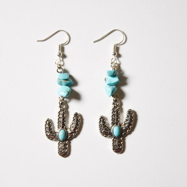 Boucle d'oreilles argentées cactus et Howlite naturelles turquoises