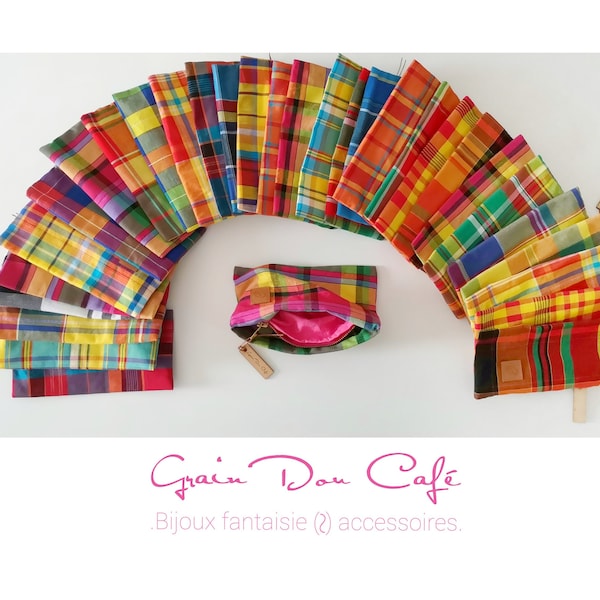 Petite trousse madras souple fermeture éclair métallique (gris, jaune, rose, violet, vert)