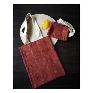 Tote bag / sac cabas tissu tissé rouge bordeaux, jaune, doré et grain de café