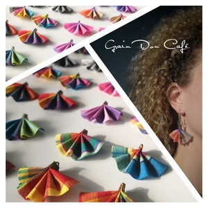 Madras fabric fan-shaped earrings with bronze pearl