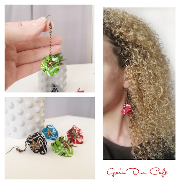 Boucles d'oreilles petit bandana et étoile bronze (bleu, noir, rouge, vert)