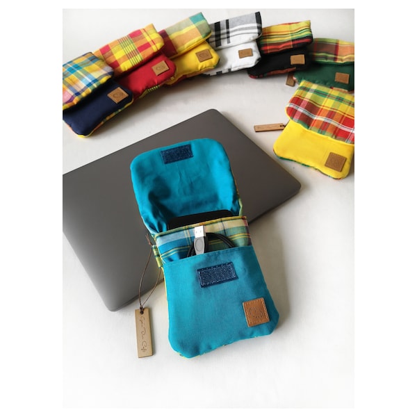 Housse de protection pour disque dur tissu madras et couleur unie (rouge, turquoise, bleu, vert, rouge, blanc, noir, jaune)