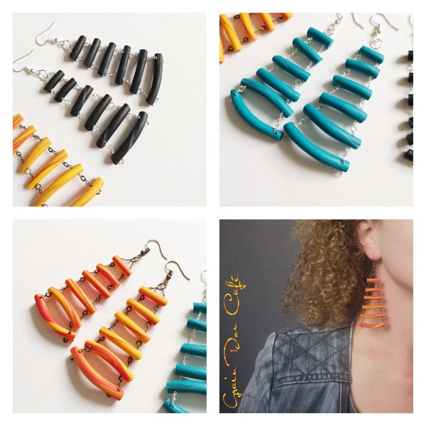 Boucles d'oreilles pendantes colonne/pyramide tubes pâte polymère et chaînes fines (turquoise, noir, rouge/jaune)