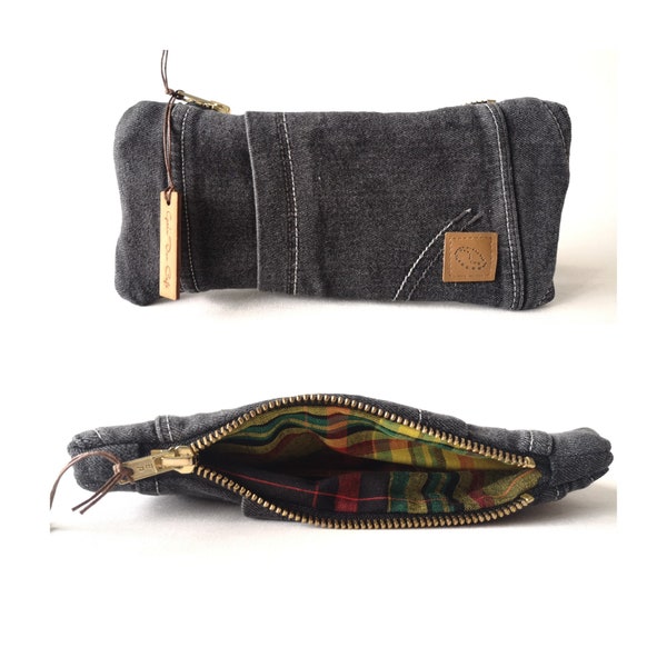 Recycled denim pencil case and madras lining (grey)