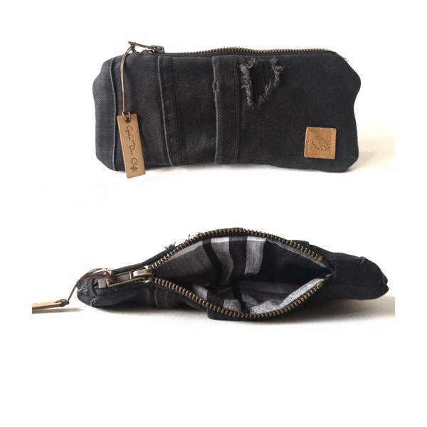 Recycled denim pencil case and madras lining (black with holes)