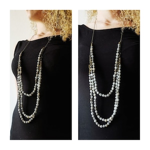 Long multi-strand bronze and Job&#39;s seed necklace (grey/white/bronze)