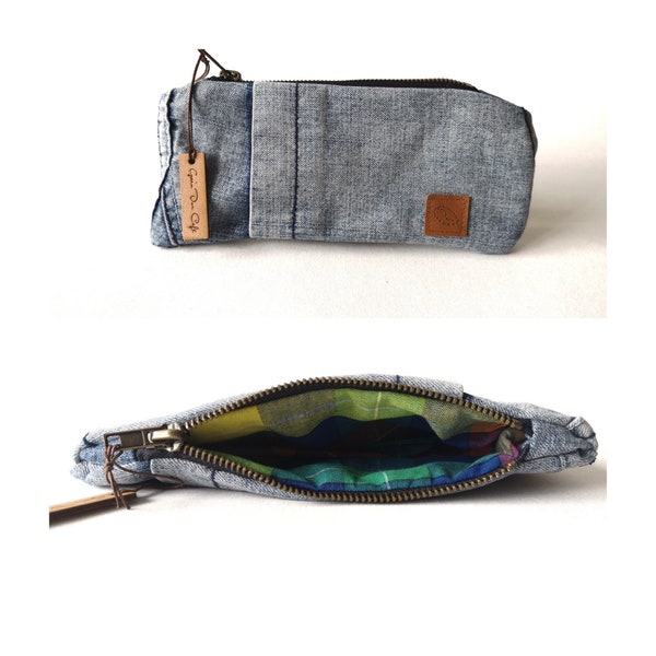 Recycled denim pencil case and madras lining (washed blue)