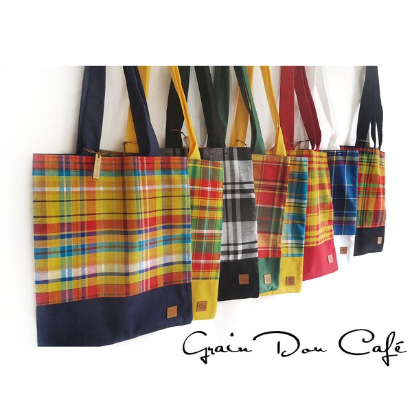 Tote bag / sac cabas tissu madras et grain de café