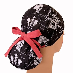 SKELETON scrub cap ponytail 100% linen, anatomy scrub cap, surgical hat women&#39;s, medical hat