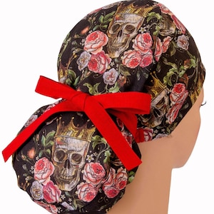 SKULL IN CROWN surgical scrub cap 100% linen, Ponytail women's hat with buttons, Anatomy scrub hat