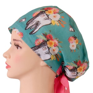 DENTIST scrub cap 100% linen, Euro scrub cap, Surgical scrub hat, Scrub cap for women, design Flower Teeth on Turquoise