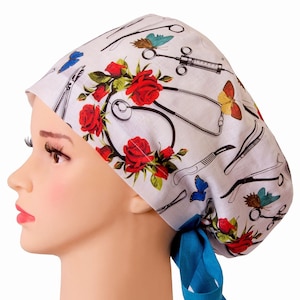 SURGERY scrub cap 100% linen, Euro scrub cap, Anatomy scrub hat, surgical instruments