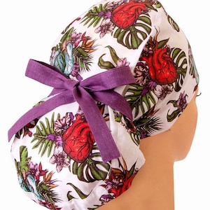 HEART FLOWER scrub cap ponytail 100% linen, anatomy scrub cap, surgical hat, medical hat, Heart Lungs with flowers on white background