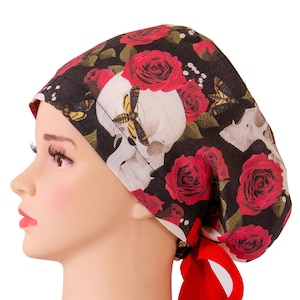 SKULL surgical cap 100% linen, Euro scrub cap, Nurse hat, design Skull with butterfly