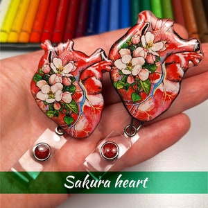 Badge Reel Anatomical Heart, Cardiologist Badge, Nurse Badge, Retractable Lanyard, Heart with Sakura