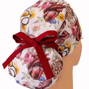 HEART FLOWER ponytail scrub cap 100% linen, Surgical women&#39;s cap, Anatomy scrub hat with buttons, Heart Lungs Brain