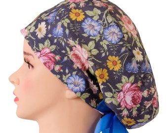 Gorro quirúrgico 100% lino, gorro quirúrgico europeo, gorro quirúrgico Anatomy con botones, diseño Flores silvestres sobre gris