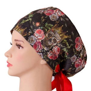 SKULL IN CROWN anatomy scrub hat 100% linen, Euro scrub cap, Surgery cap, Nurse hat, Surgical cap women, Scrub hats