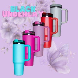 May include: Five stainless steel travel mugs with handles in different colors: turquoise, pink, purple, red, and gray. The mugs are arranged in a row from left to right, with the turquoise mug at the front and the gray mug at the back. The background is a purple floral pattern.