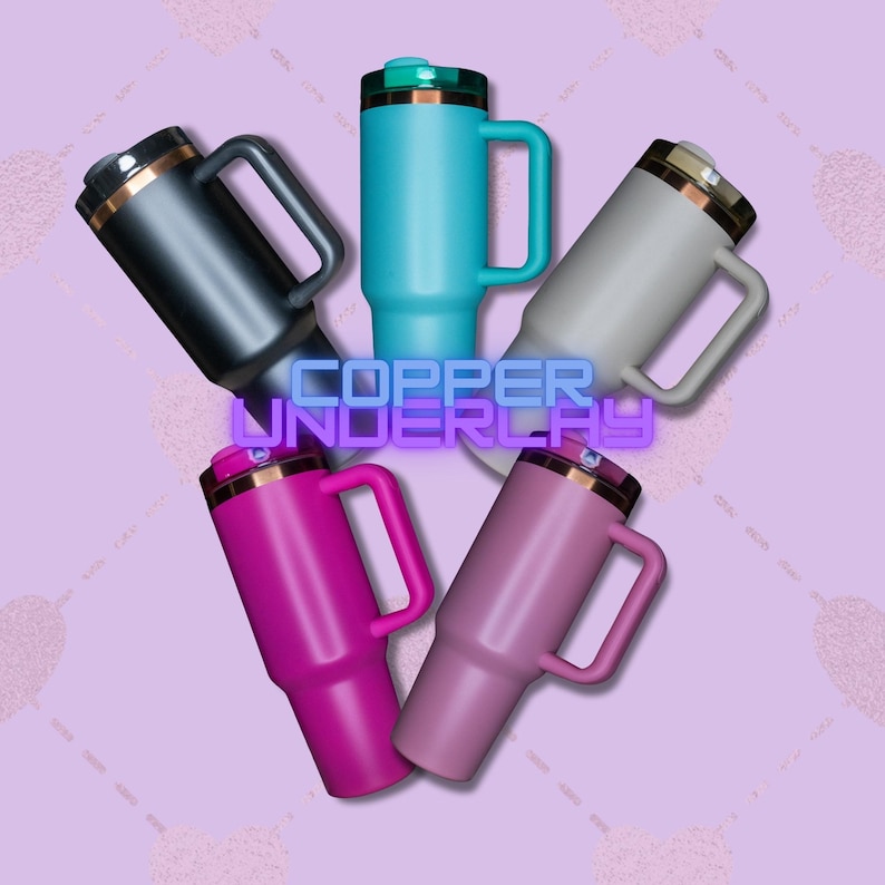 May include: Five stainless steel travel mugs with copper accents and lids. The mugs are in various colors: black, teal, gray, pink, and purple. The text "COPPER UNDERLAY" is visible in the center of the image.