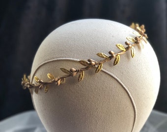 Gold Leaf Circlet, Woodland Flower Crown, Rustic Ribbon