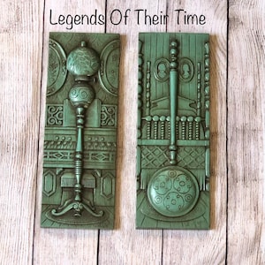 Burwood Arabesque Wall Plaques, Vintage Wall Decor, Burwood Arabesque Wood Sculpture, Carved Wall Decor Plaques - Churner Green- Set of 2