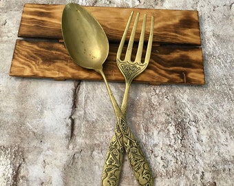 Antique Brass Fork and Spoon Set: Medieval Kitchen Wall Decor