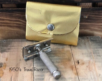Vintage Travel Razor, Made in Germany Double Edge Travel Razor in Gold Case 1950’s,  Vest Pocket DE Safety Razor